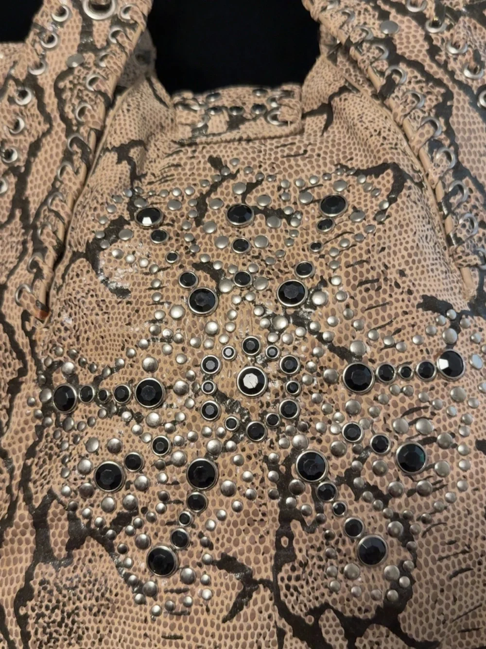 Snake-Print Studded Shoulder Bag in Taupe - Picture 4 of 6